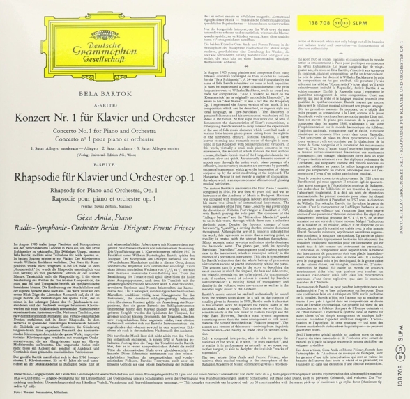 Géza Anda, Radio Symphonie Orchester Berlin, Ferenc Fricsay: Bartok: Piano Concerto No. 1 - Plak Foto #2