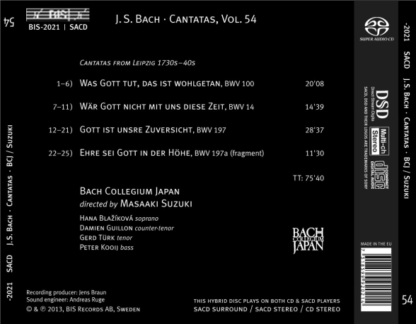 Bach Collegium Japan, Masaaki Suzuki: J.S. Bach: Cantatas, Vol. 54 - SACD Foto #2