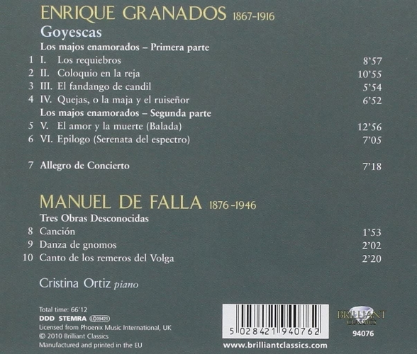 Cristina Ortiz: Granados/ Falla: Goyescas/ Tres Obras Desconocidas - CD Foto #2