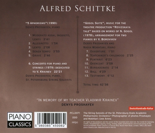 Denys Proshayev, Nadia Mokhtari, St. Petersburg String Soloists, Alexander Dmitriev: Schnittke: Piano Concerto - 5 Aphorisms - Gogol Suite - CD Foto #2