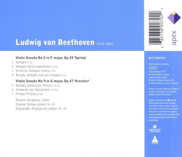 Maxim Vengerov, Itamar Golan, Alexander Markovich: Beethoven: Violin  Sonatas 'Spring' & 'Kreutzer' - CD Foto #2
