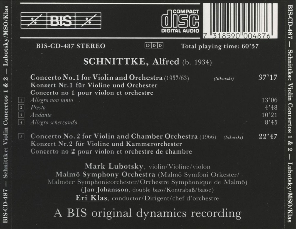 Mark Lubotsky, Malmö SymfoniOrkester, Eri Klas: Schnittke - Violin Concertos No.1 & 2 - CD Foto #2