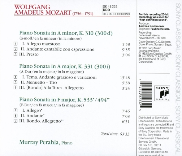 Murray Perahia: Mozart: Sonatas for Piano K.310,331 & 533/494 - CD Foto #2