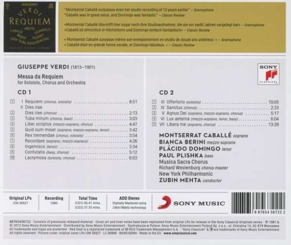 Montserrat Caballé, Plácido Domingo, Zubin Mehta, New York Philharmonic Orchestra: Verdi: Requiem - CD Foto #2