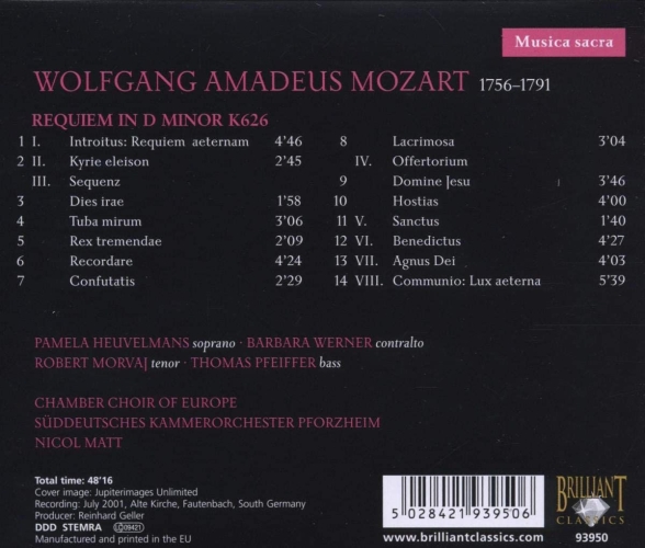 Pamela Heuvelmanns, Nicol Matt, Robert Morvaj, Thomas Pfeiffer, Südwestdeutsches Kammerorchester Pforzheim, Barbara Werner, Chamber Choir of Europe: Mozart: Requiem - CD Foto #2