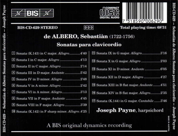 Joseph Payne: de Albero: Sonatas para clavicordio - CD Foto #2