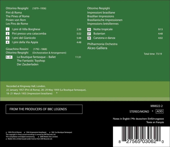 Alceo Galliera, Philharmonia Orchestra: Respighi, Rossini: Pines of Rome / Brazilian Impressions la Boutique - CD Foto #2