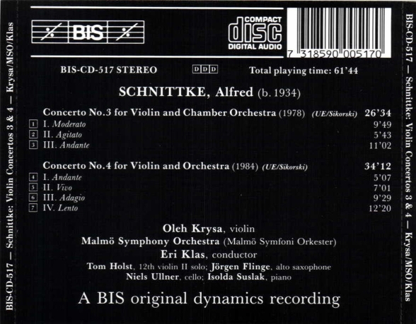 Oleh Krysa, Malmö SymfoniOrkester, Eri Klas: Schnittke: Violin Concertos No.3 & 4 - CD Foto #2
