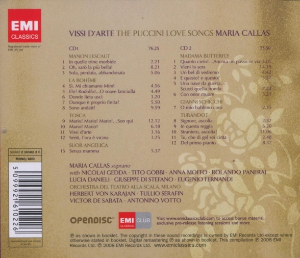 Maria Callas, Giuseppe Di Stefano, Anna Moffo, Nicolai Gedda, Elisabeth Schwarzkopf: Maria Callas - Vissi d'Arte, The Puccini Love Songs - CD Foto #2