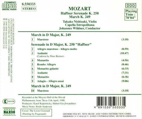 Takako Nishizaki, Capella Istropolitana, Johannes Wildner: Mozart: Haffner Serenade, K. 250 / March, K. 249 - CD Foto #2