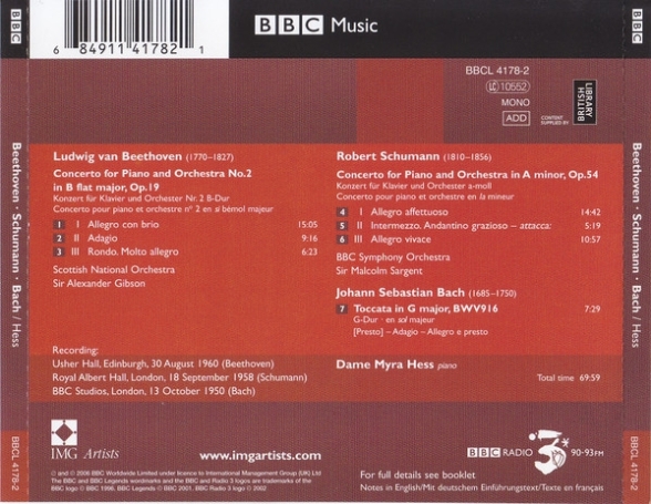 Myra Hess: Beethoven, Schuman, Bach: Pİano Concerto - CD Foto #2