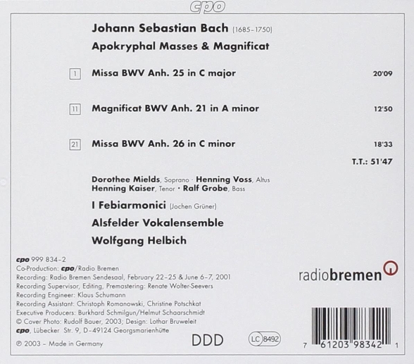 Dorothee Mields, Henning Voss, Henning Kaiser, Ralf Grobe, Alsfelder Vokalensemble, I Febiarmonici, Wolfgang Helbich: J.S. Bach: Apocryphal Masses - CD Foto #2
