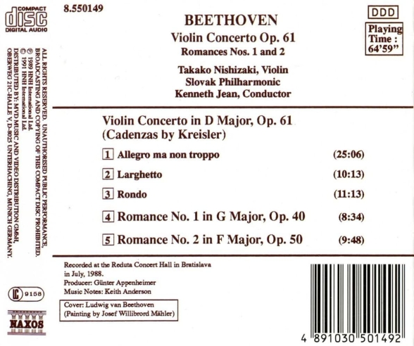 Takako Nishizaki, Slovak Philharmonic, Kenneth Jean: Beethoven: Violin Concerto, Romances 1&2 - CD Foto #2