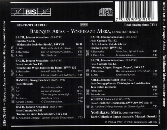 Yoshikazu Mera: Baroque Arias for counter-tenor - Vol.1 - CD Foto #2