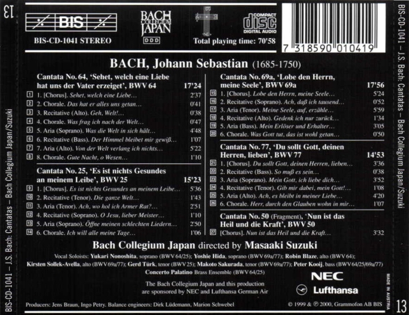 Bach Collegium Japan, Masaaki Suzuki: J.S. Bach: Cantatas, Vol. 13 (BWV 64, 25, 69a, 77, 50) - CD Foto #2