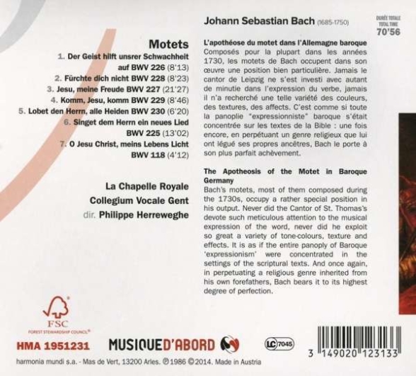 La Chapelle Royale, Collegium Vocale Gent, Philippe Herreweghe: J.S. Bach: Motets BWV 225-230 - CD Foto #2