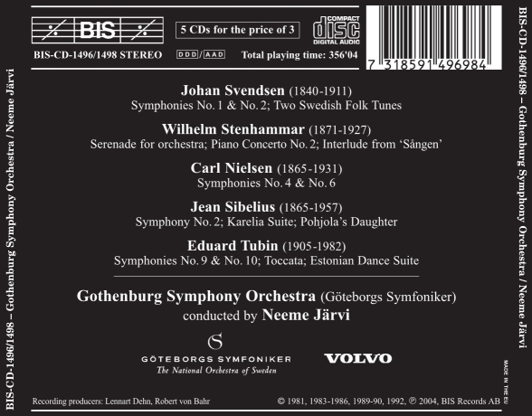 Cristina Ortiz, Gothenburg Symphony Orchestra, Neeme Järvi: Five Nordic Masters (Svendsen, Stenhammar, Nielsen, Sibelius, Tubin) - CD Foto #2