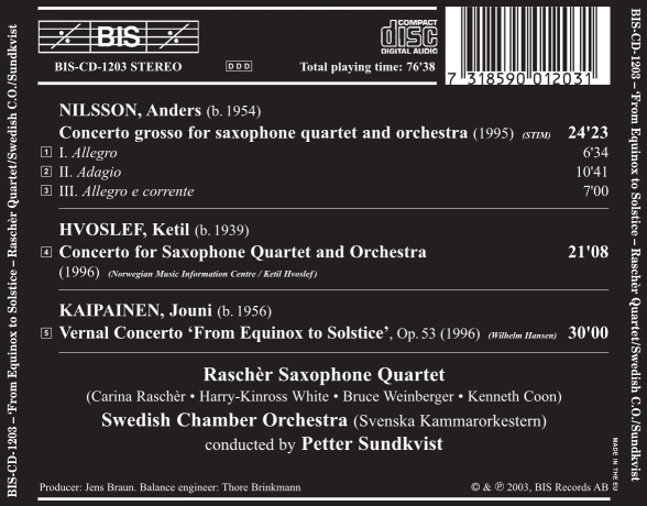 Rascher Saxophone Quartet, Swedish Chamber Orchestra, Petter Sundkvist: From Equinox to Solstice - Raschèr Saxophone Quartet - CD Foto #2